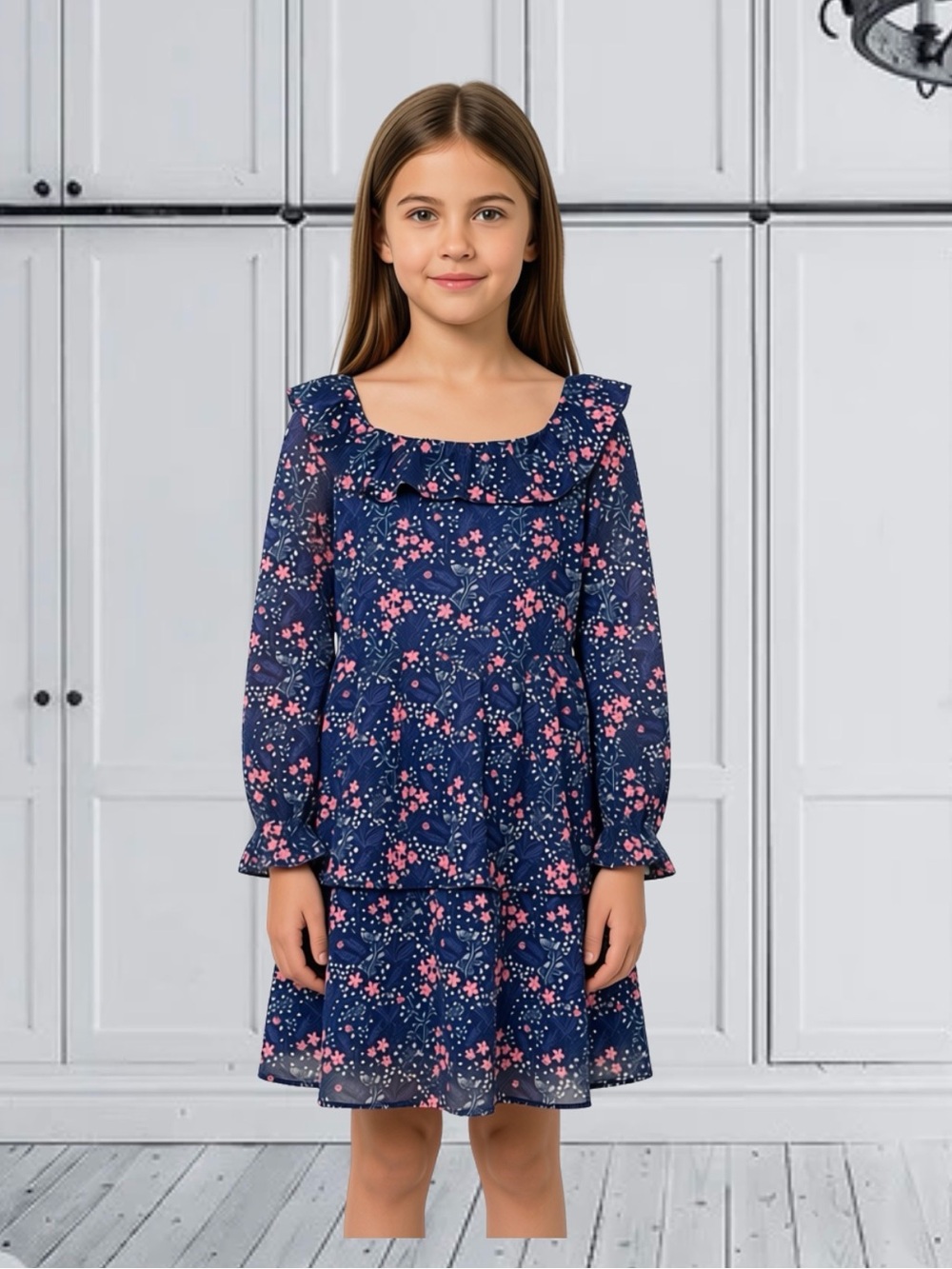 NWT Grace Karin Navy Blue Pink Floral Layered Chiffon Dress Size 8Y